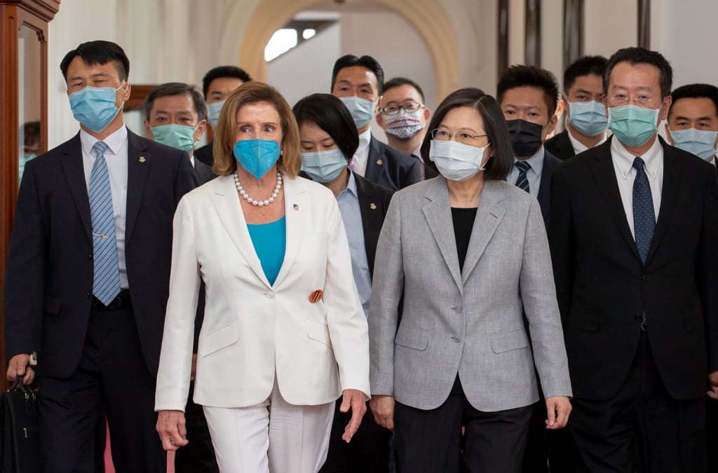 Then-US House speaker Nancy Pelosi (left) and then-Taiwanese leader Tsai Ing-wen (right) walk together in Taipei during the congresswoman’s visit on August 2, 20222. Photo: Taiwan Presidential Palace via Zuma press/dpa